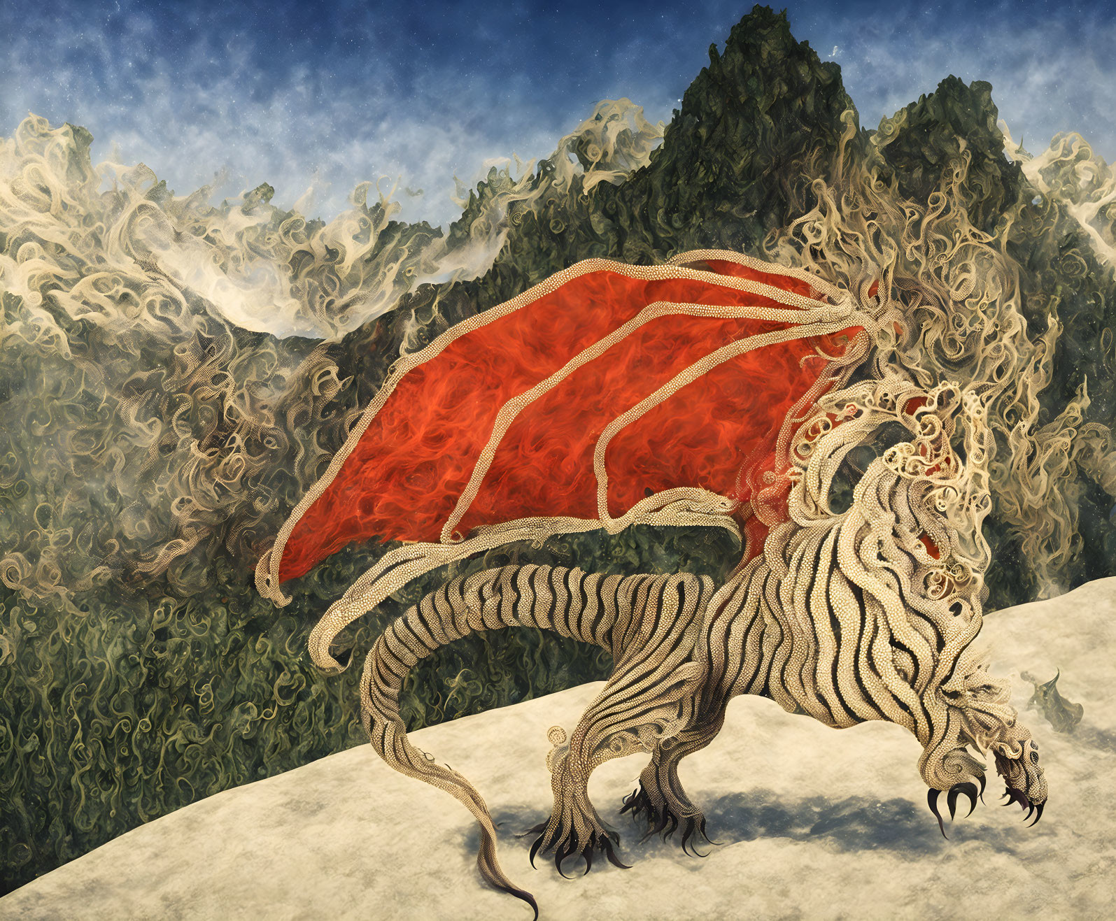White winged dragon on cliff with green mountains and swirling clouds