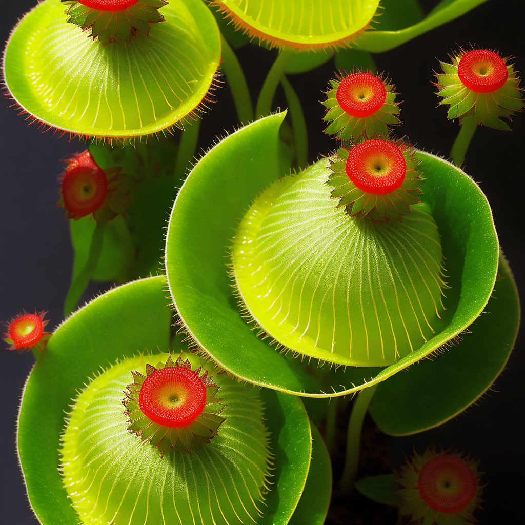 Green Venus Flytrap Plants with Red Interiors and Sharp Teeth on Dark Background