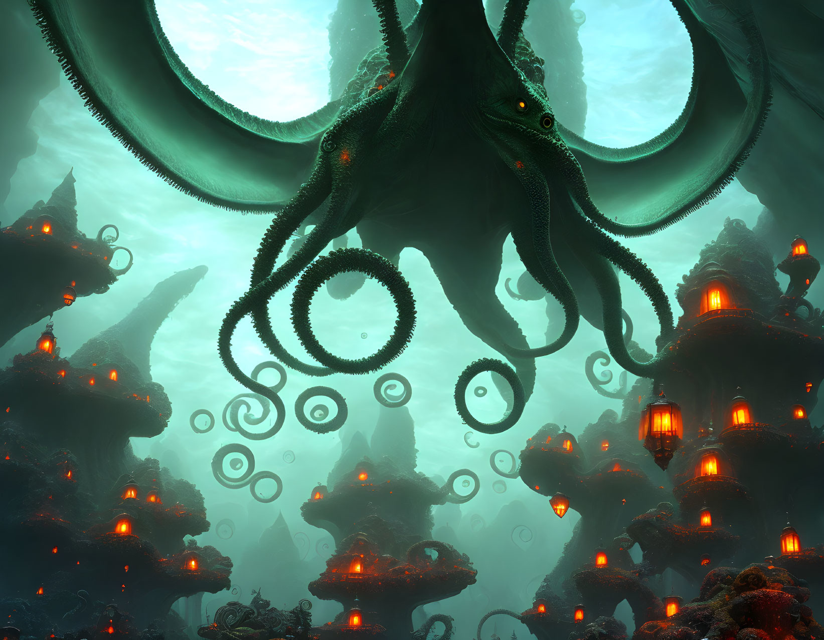 Giant octopus in underwater scene with glowing lights and twisting tentacles