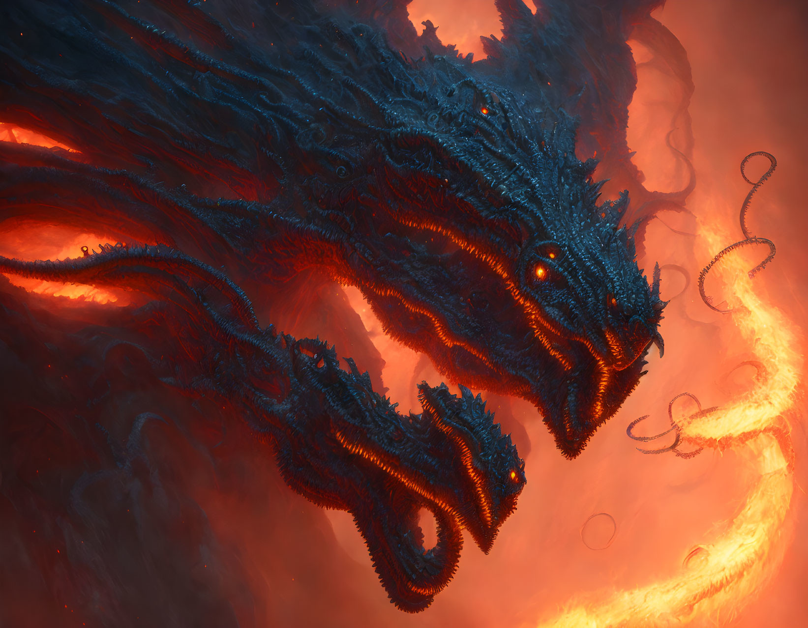 Detailed Blue Dragon Artwork Surrounded by Fiery Clouds