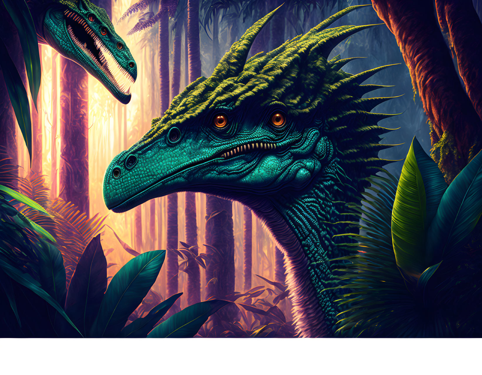 Detailed Velociraptors in Sunlit Jungle with Green Foliage