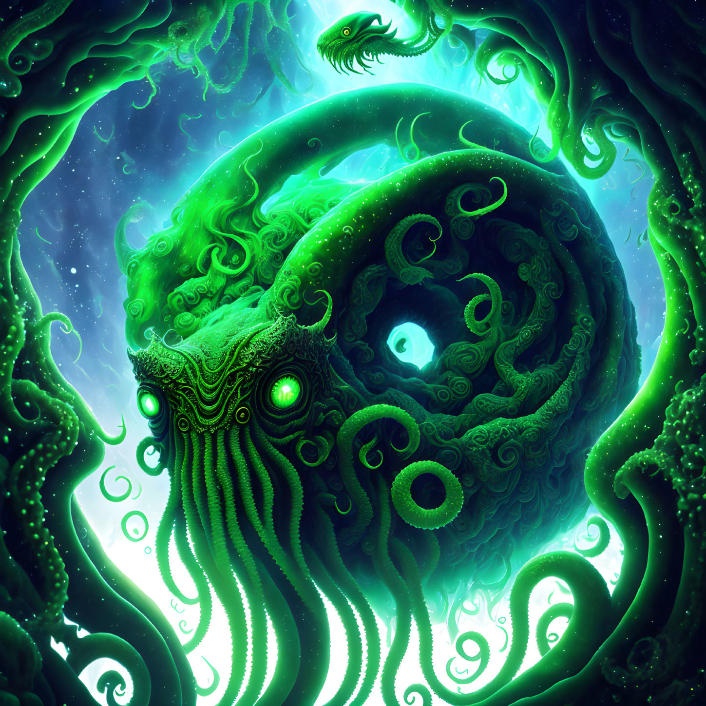 Colorful mythical green creature with glowing eyes and tentacles in blue light.