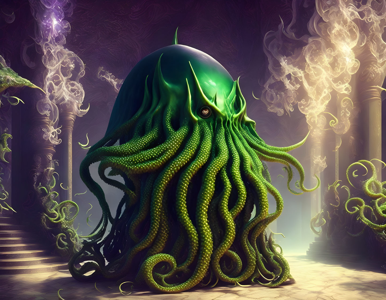 Mystical green octopus creature in purple chamber