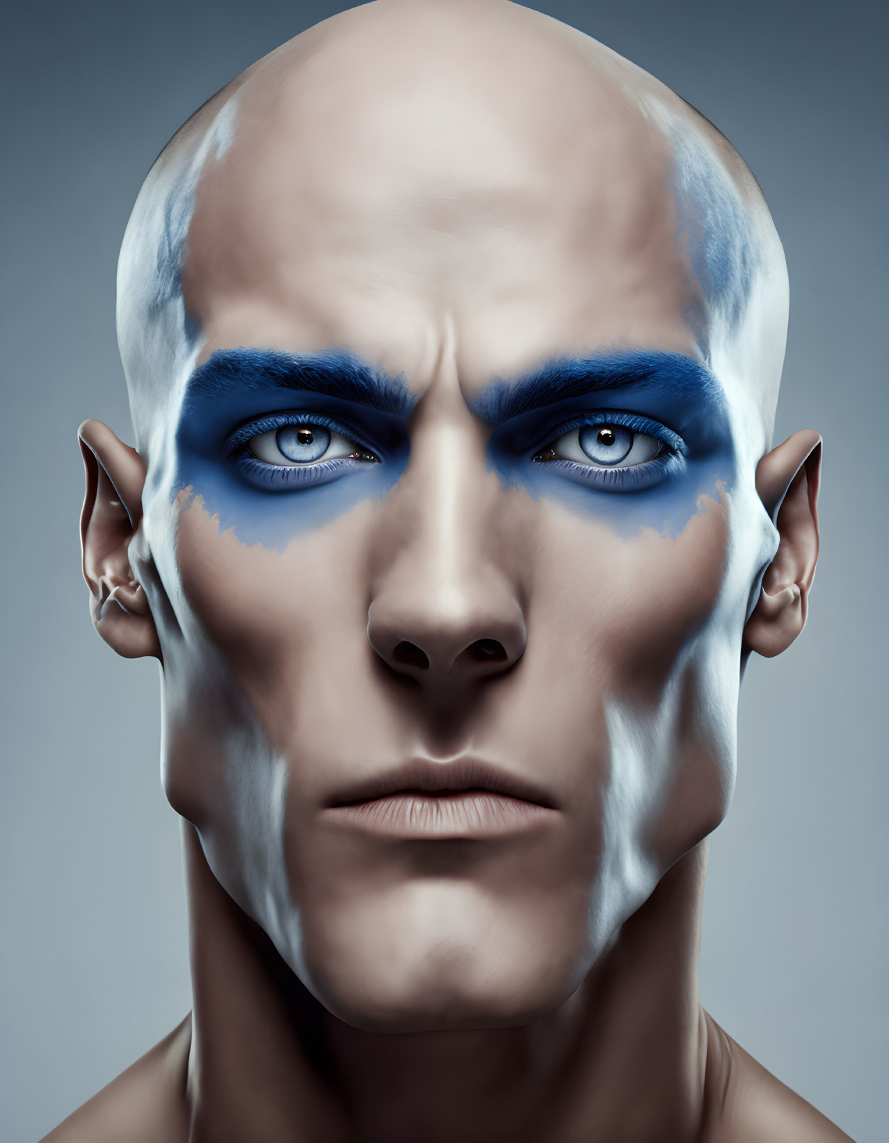 Bald person with blue paint eyes staring intensely on grey background