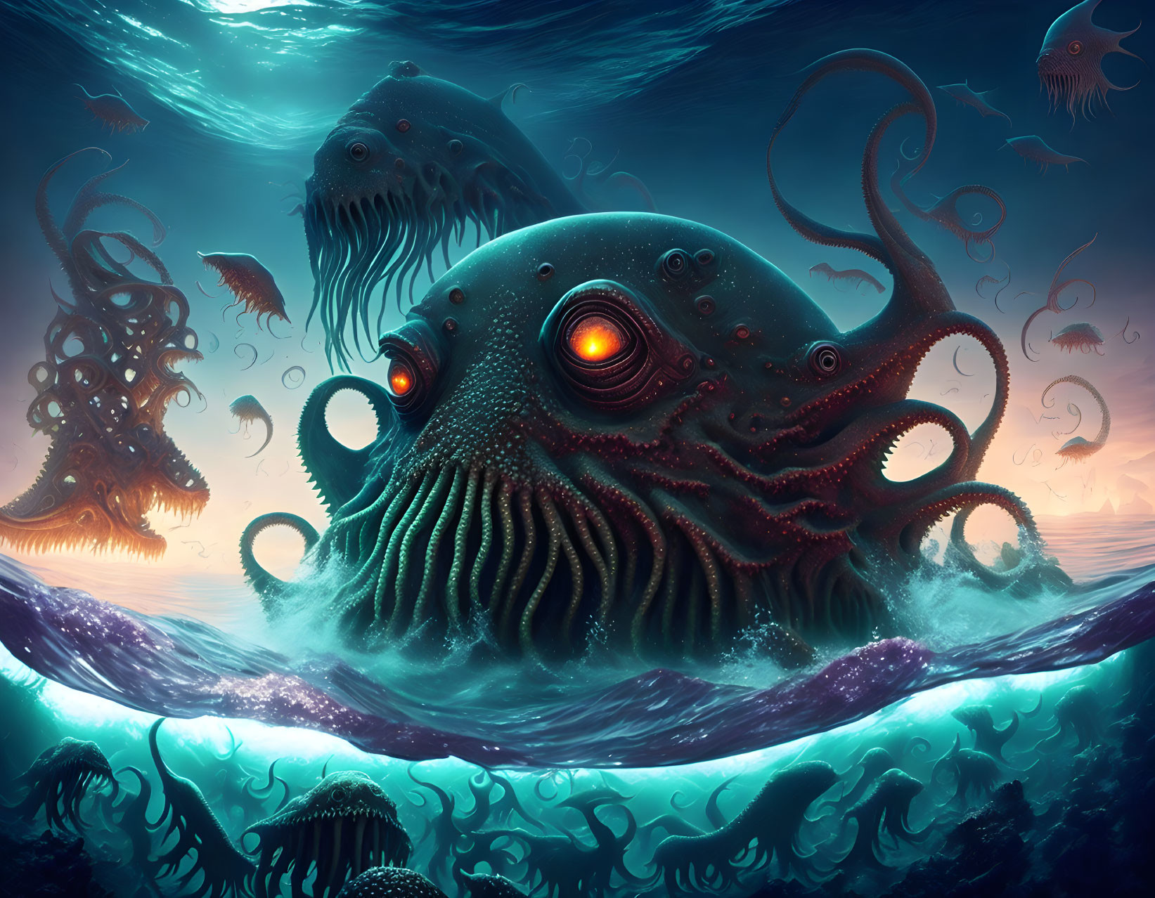 Giant octopus with glowing eyes in ocean depths surrounded by jellyfish-like creatures