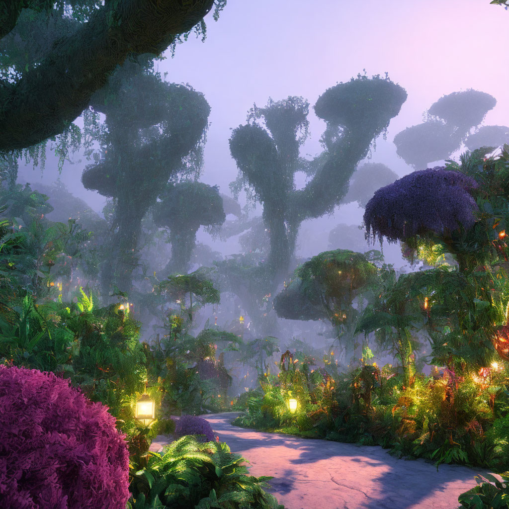 Enchanting forest path with lanterns, lush vegetation, misty rock formations