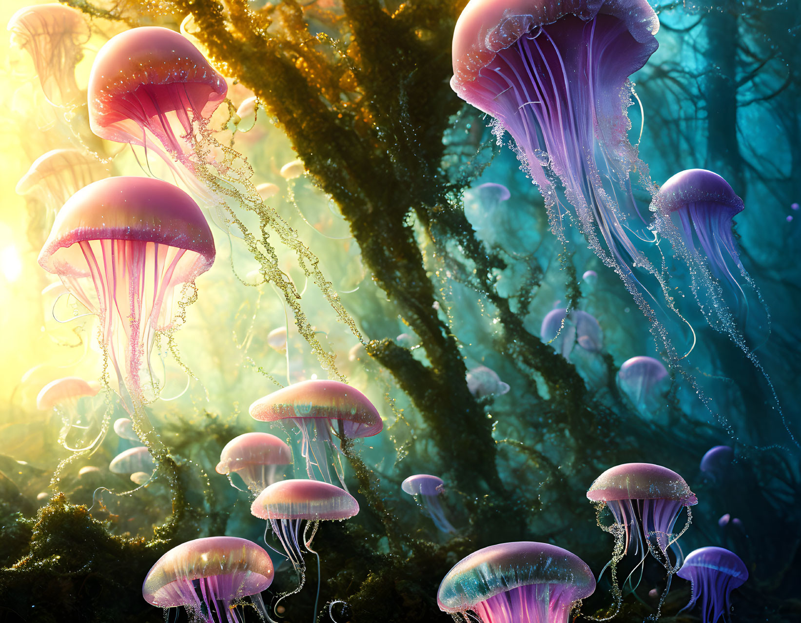 Surreal digital artwork: glowing jellyfish in forest underwater scene