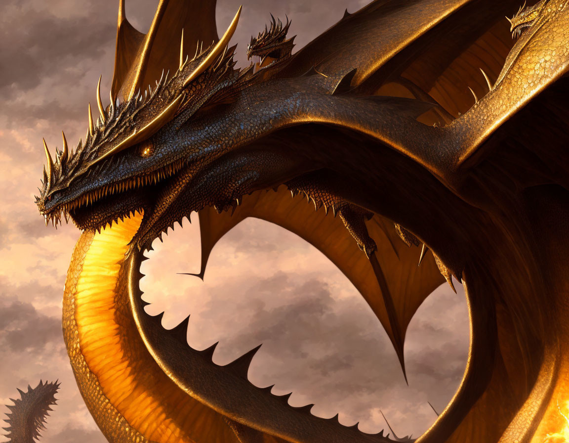 Majestic dragon with sharp spikes and glowing underbelly in dramatic sunset scene