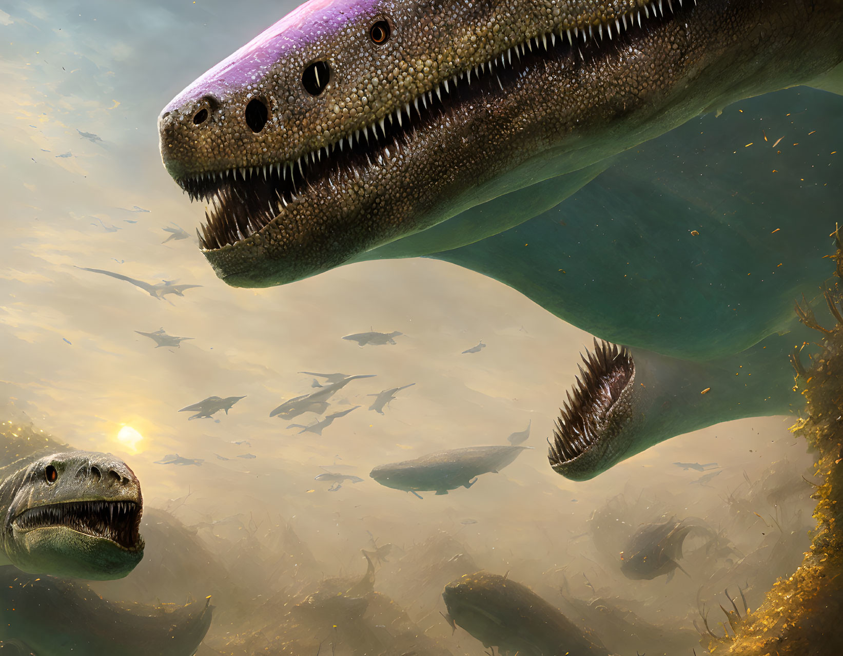 Prehistoric marine reptiles swimming with fish in sunlit underwater scene