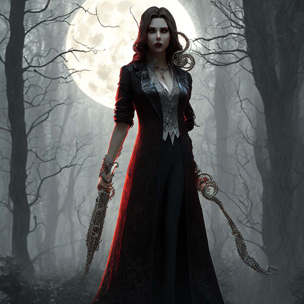 Gothic woman in black and red outfit in misty forest at night