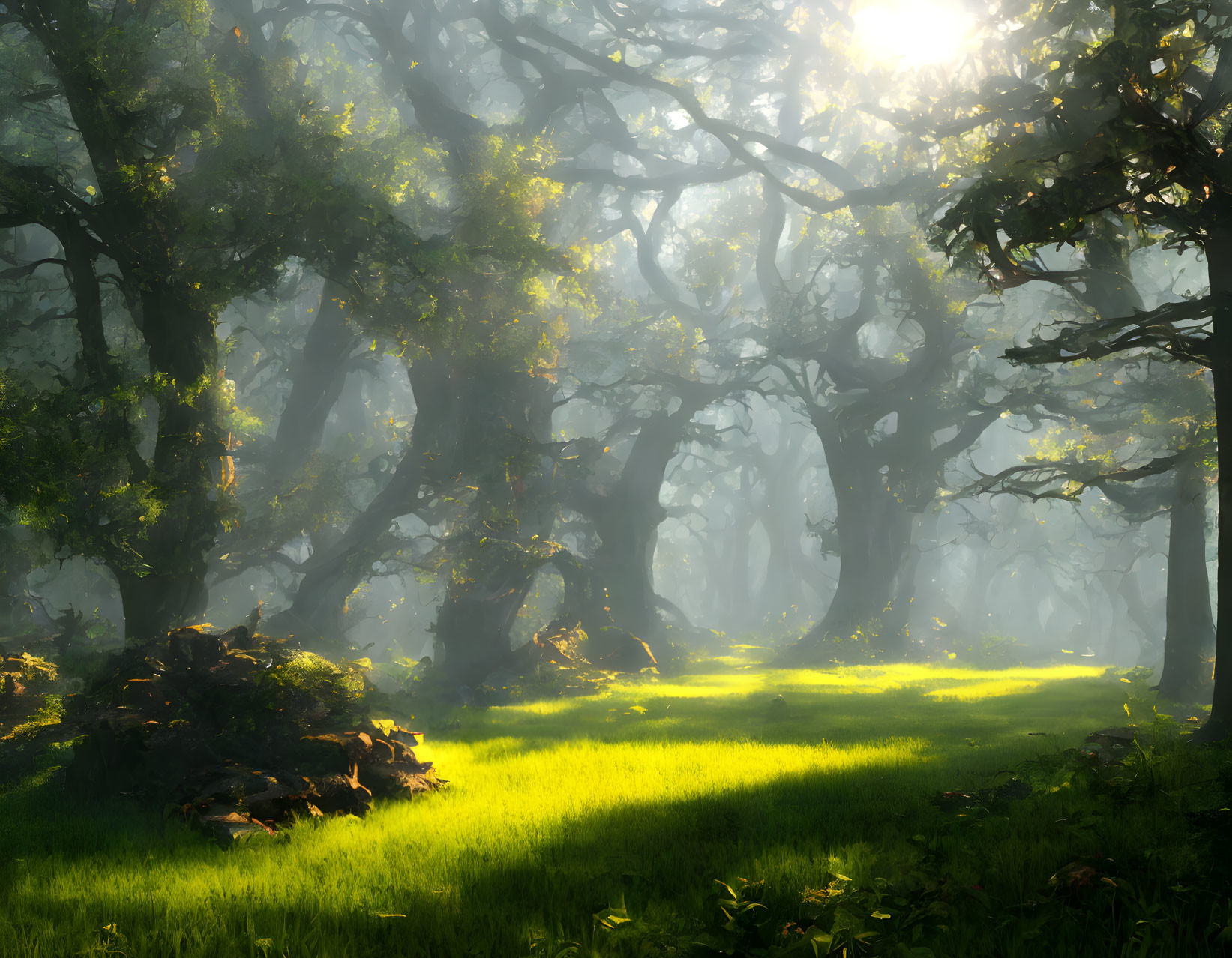 Misty forest with sunlight filtering through