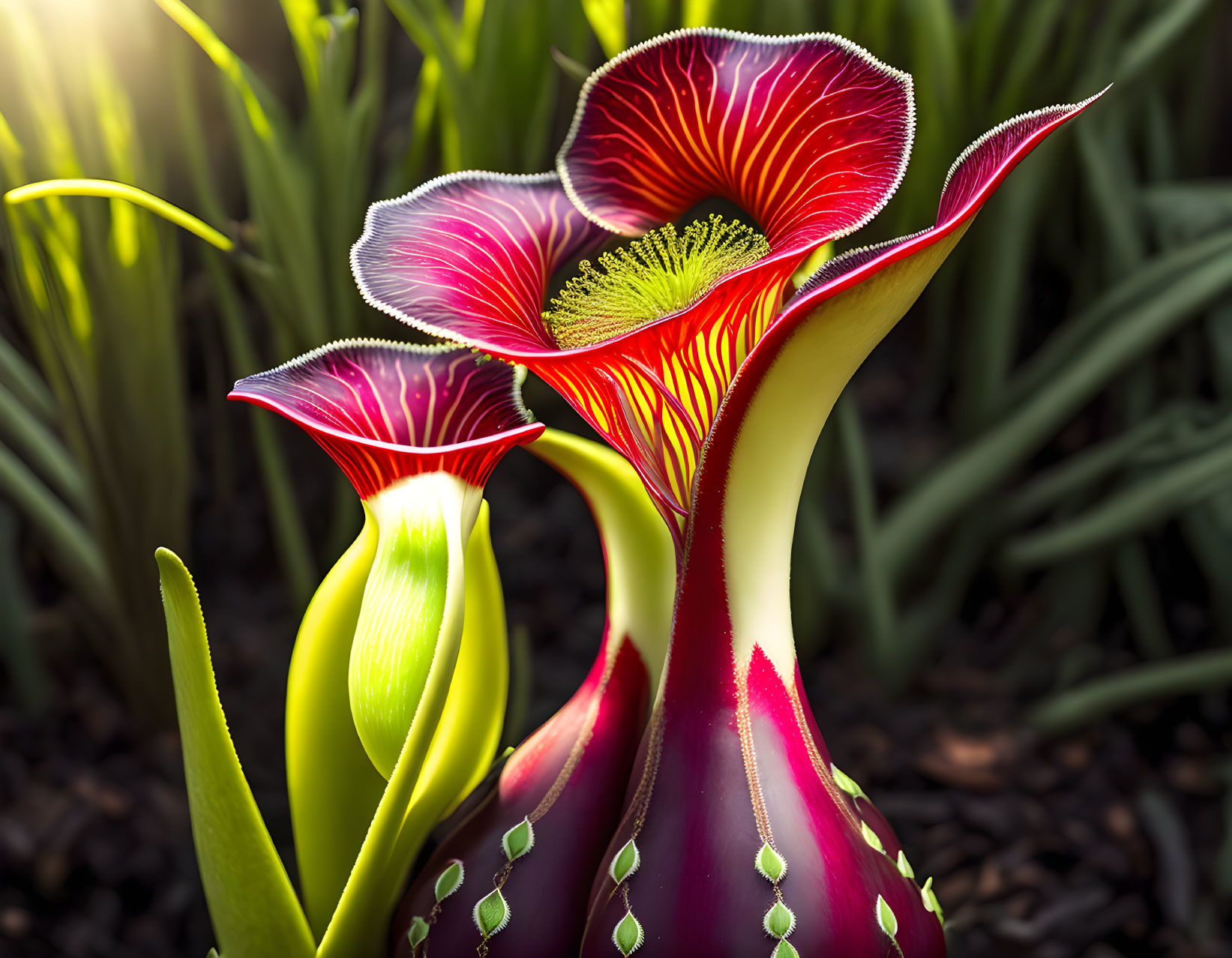 Colorful pitcher plant with red and green hues and intricate vein patterns nestled in lush foliage.