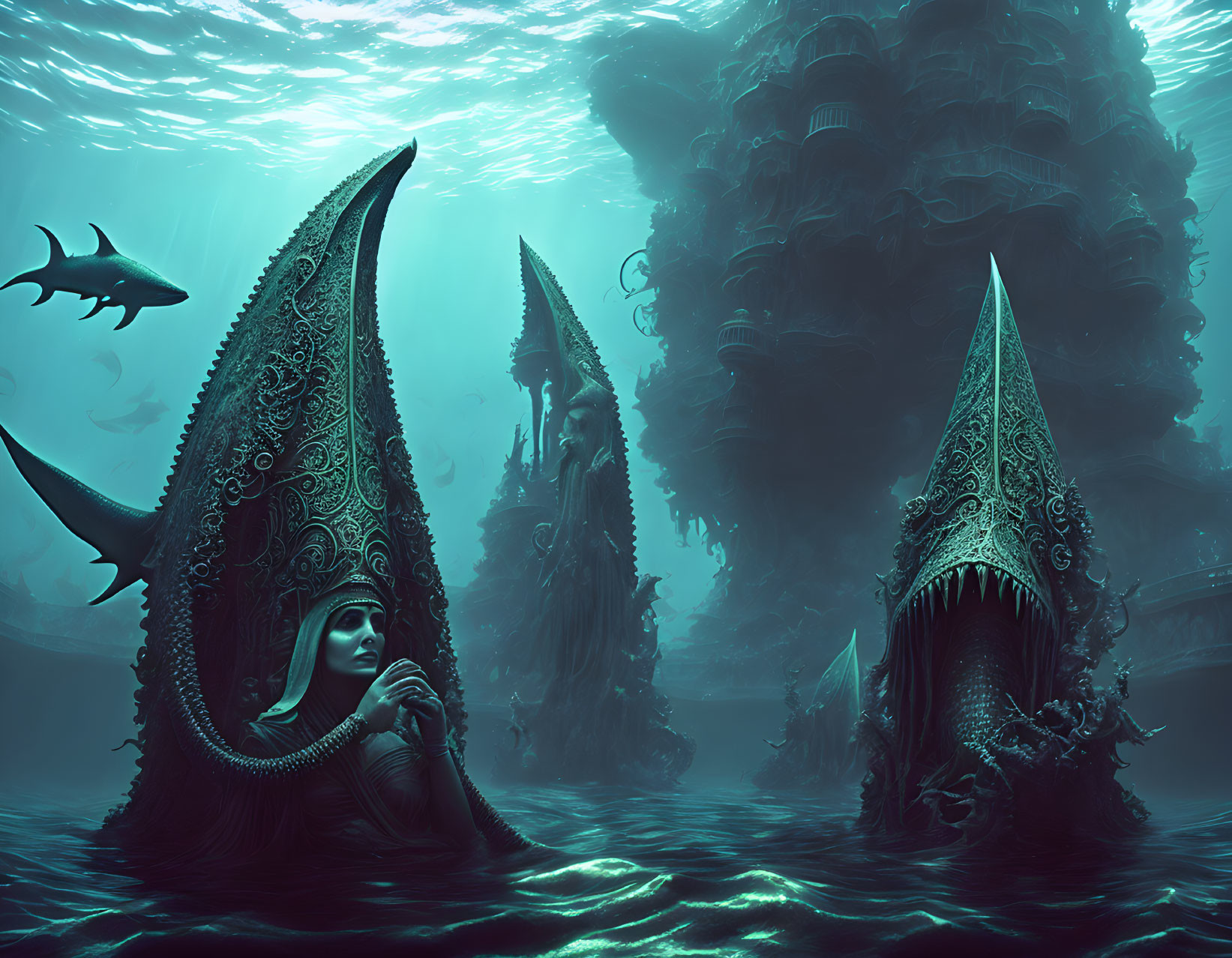 Mystical underwater scene with shark-shaped structures, person, city ruins, and swimming sharks