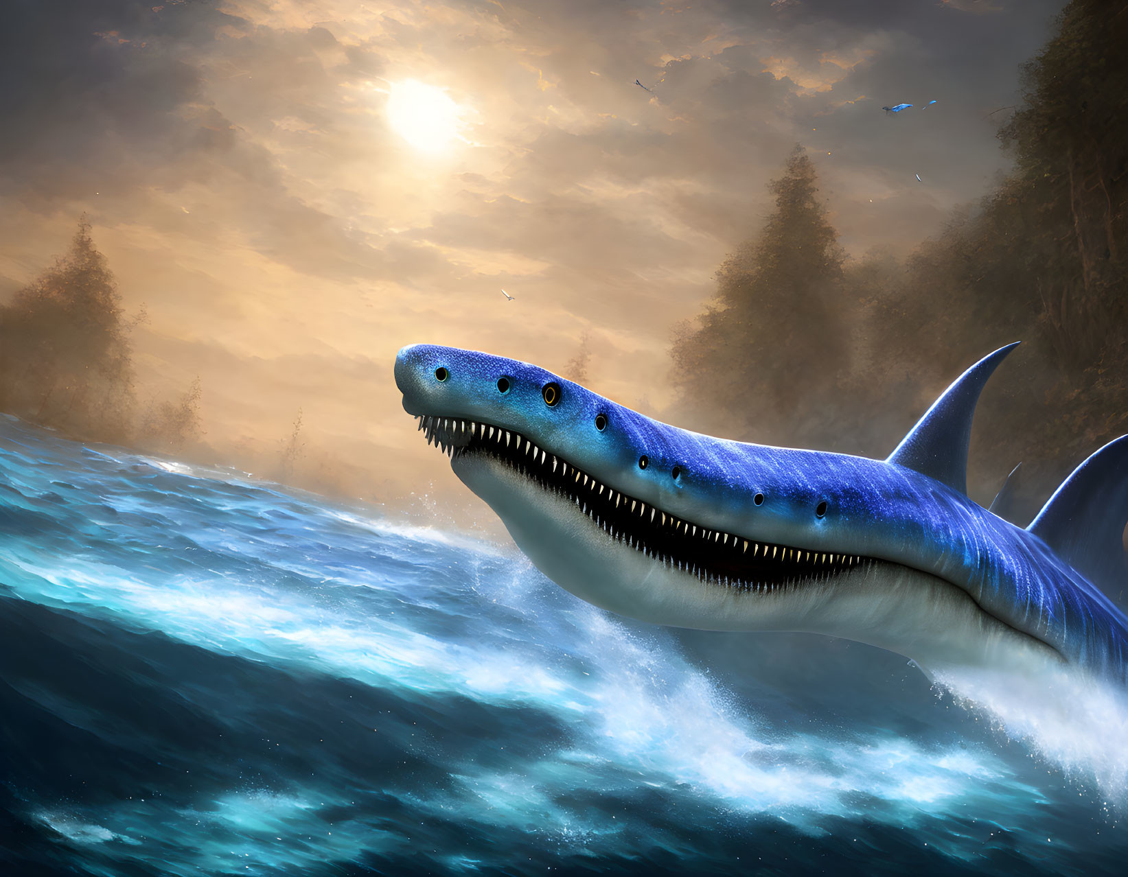 Mythical blue sea creature breaching ocean surface under sunlit sky
