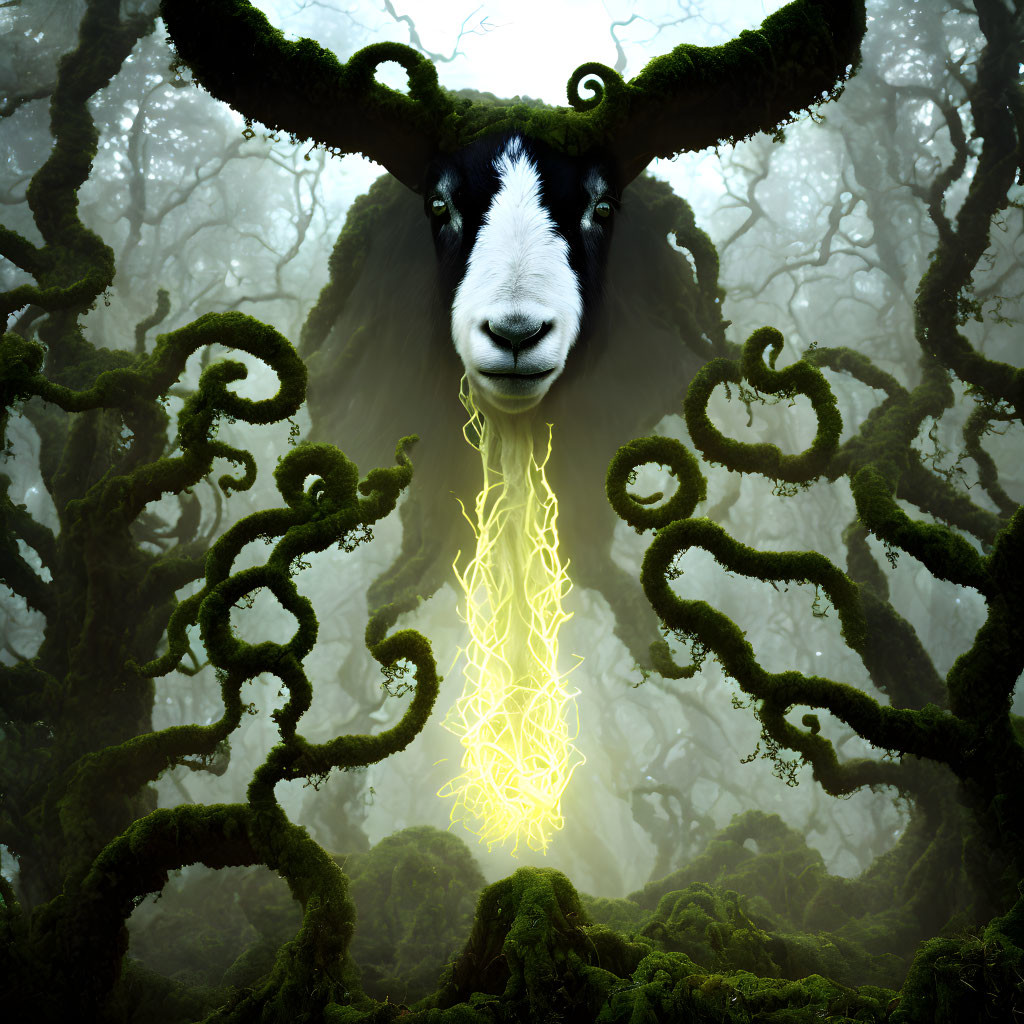 Mystical goat with curled horns in enchanted forest setting with glowing symbol.