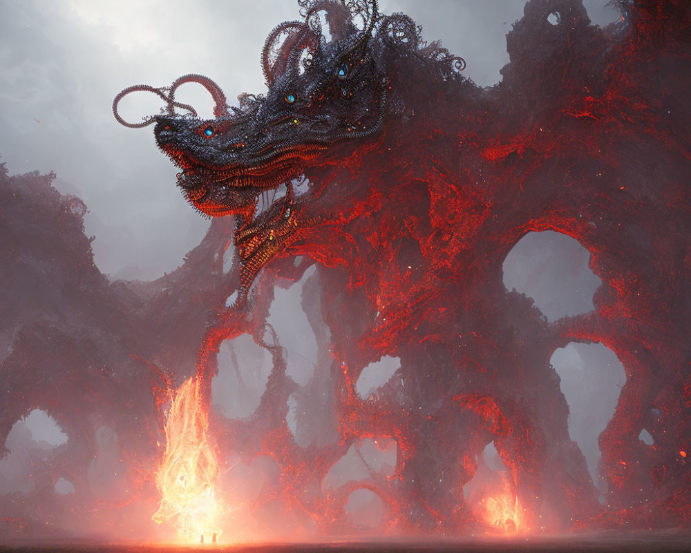 Fiery fantasy landscape with figure and intricate red coral structures