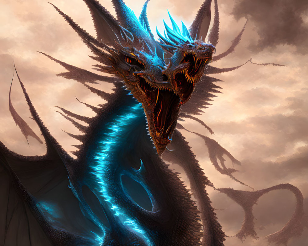 Blue-glowing spiked dragon roars under stormy sky.