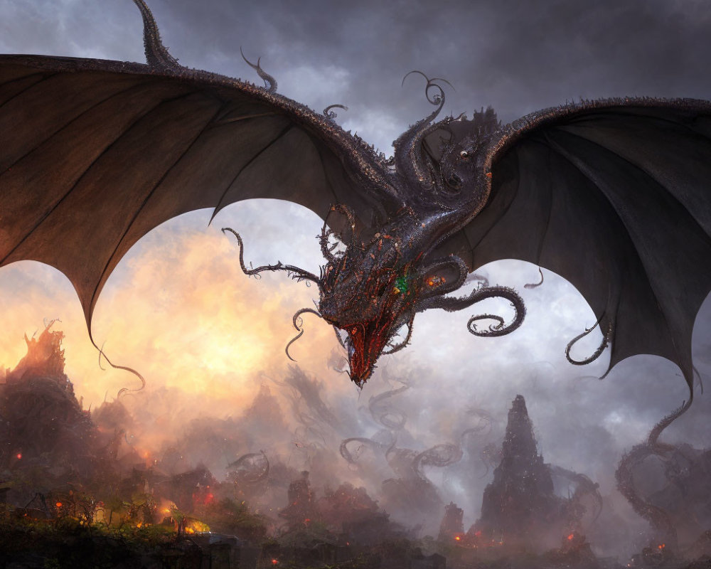 Majestic dragon with expansive wings in ruinous landscape