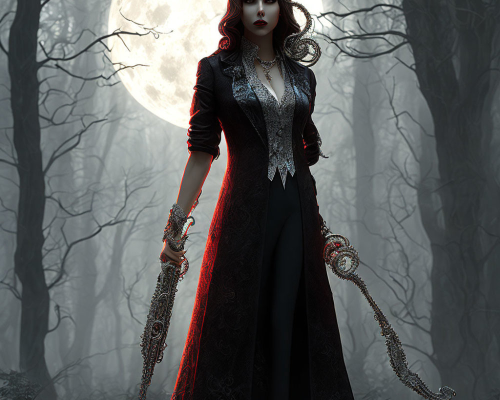 Gothic woman in black and red outfit in misty forest at night