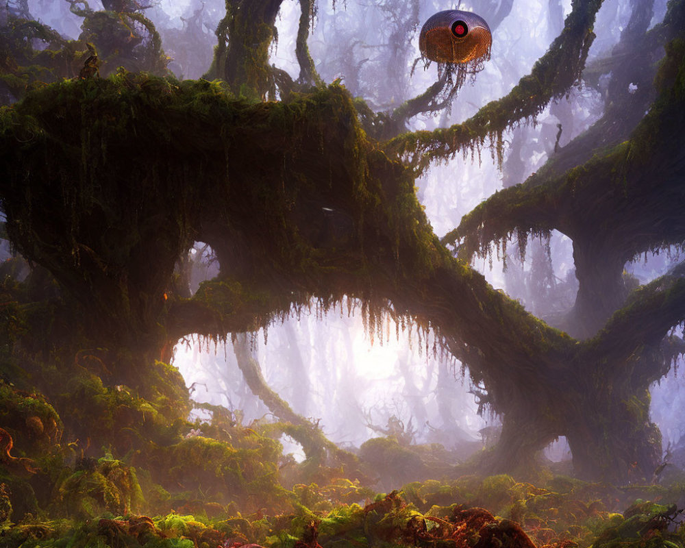 Enchanted forest with moss, twisted trees, and hovering one-eyed creature.