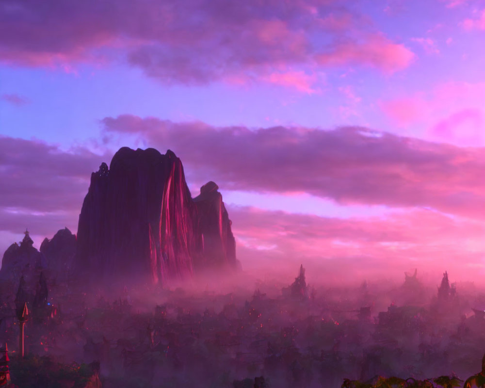 Vivid Purple and Pink Skies Over Mystical Mountain Landscape