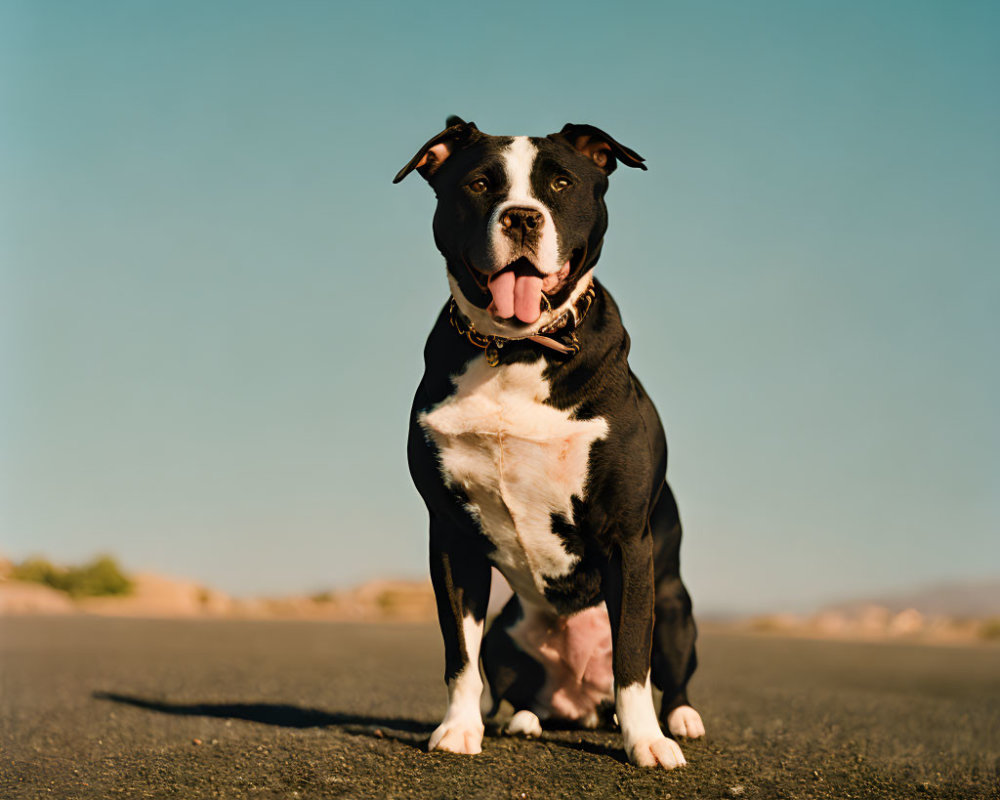 Black and white dog with collar on asphalt road under clear blue sky