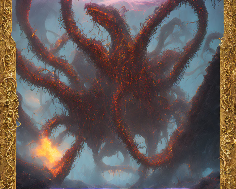 Fantastical image: Giant tentacles with intricate designs in mystical, foggy setting.