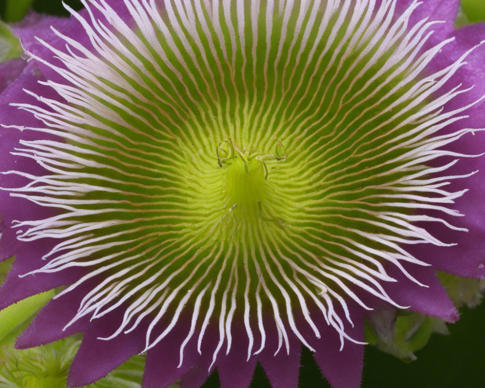 Detailed view of vibrant passion flower with radial white filaments on dark purple petals