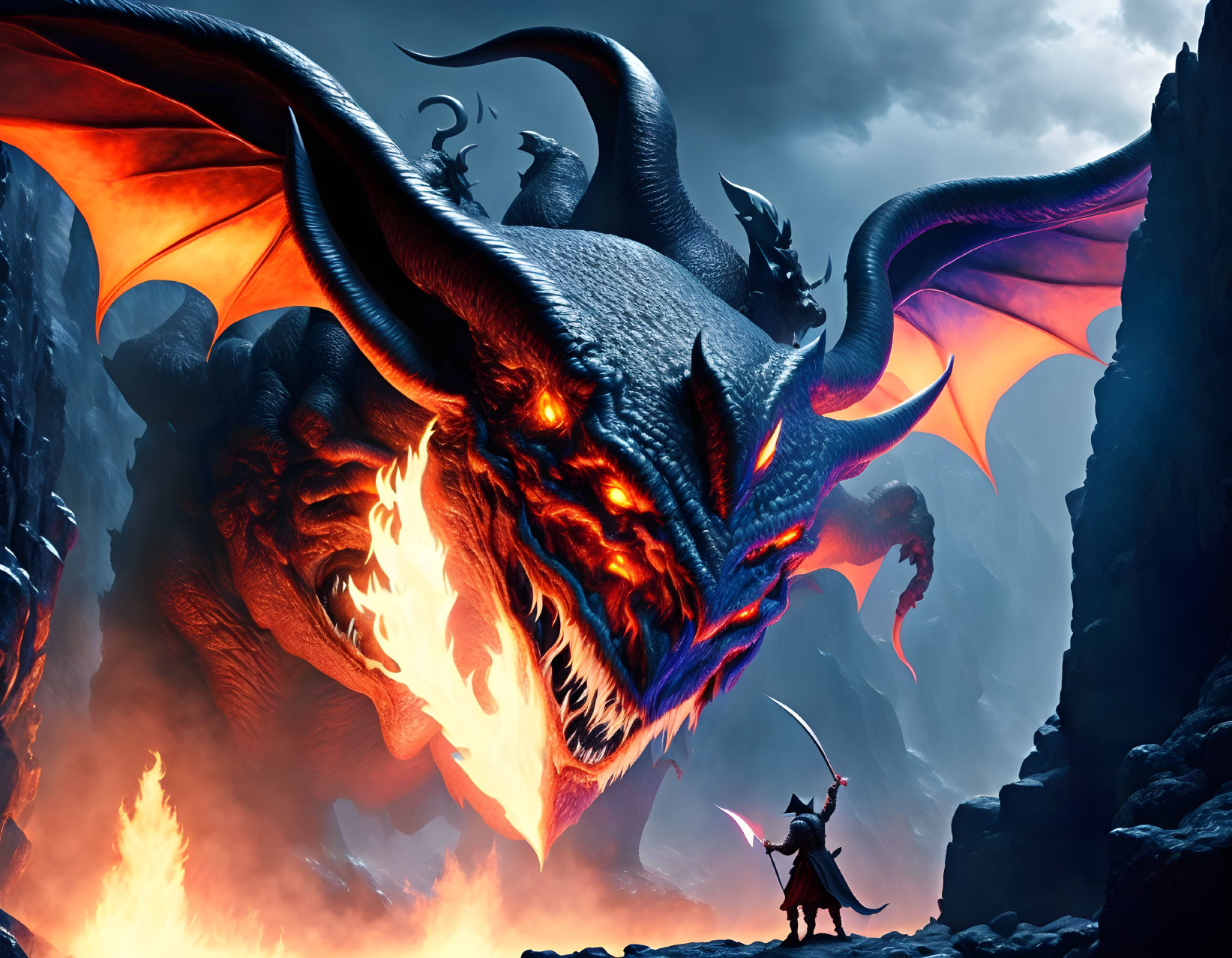 Warrior confronts giant dragon in dark rocky landscape