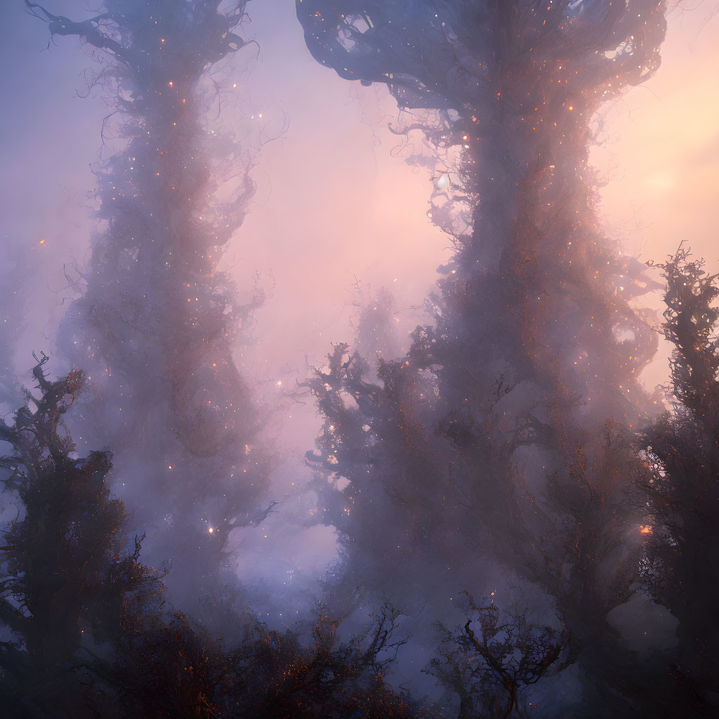Mystical forest with glowing, twisted trees in mist