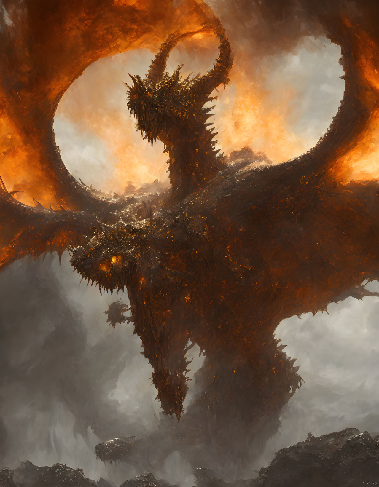 Massive magma and rock dragon engulfed in flames against fiery backdrop