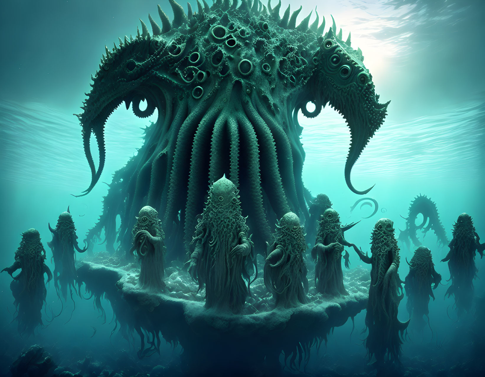 Colossal octopus-like creature with cloaked figures in murky green underwater scene