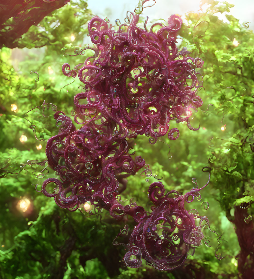 Fantastical Purple Tendrils Spiral in Green Forest Setting