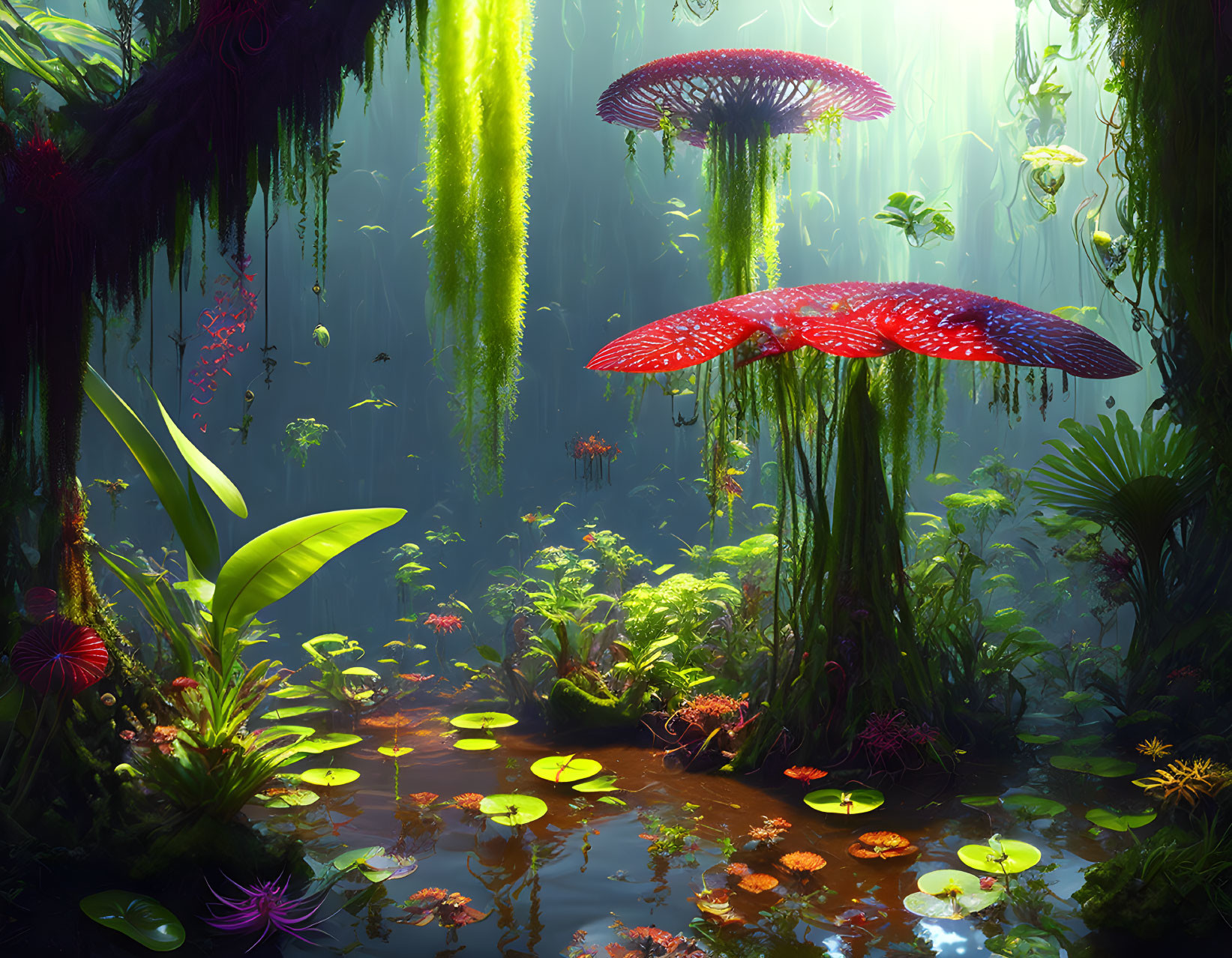 Fantasy forest with oversized mushrooms and mystical atmosphere