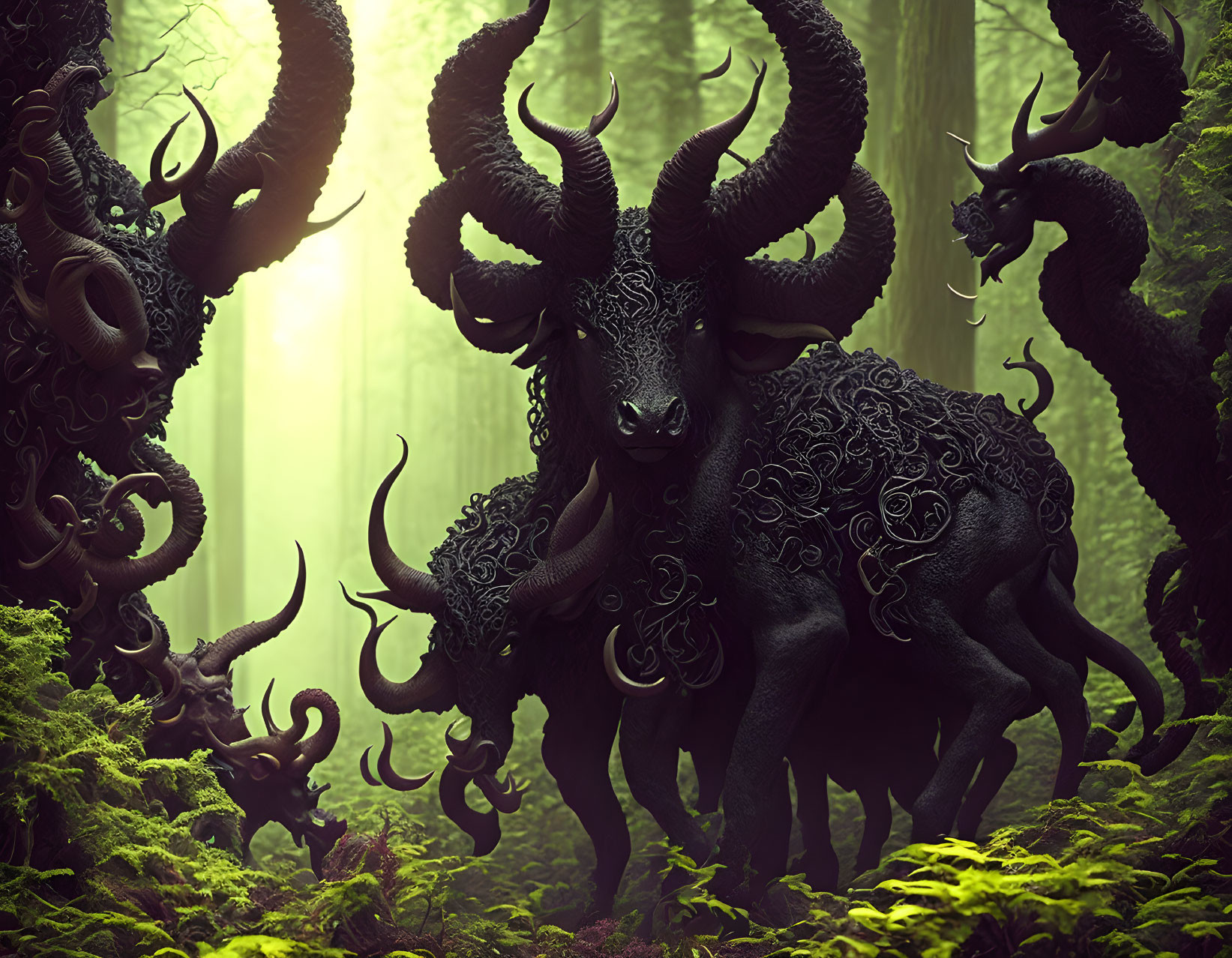 Mythic creature with curled horns in lush forest scene