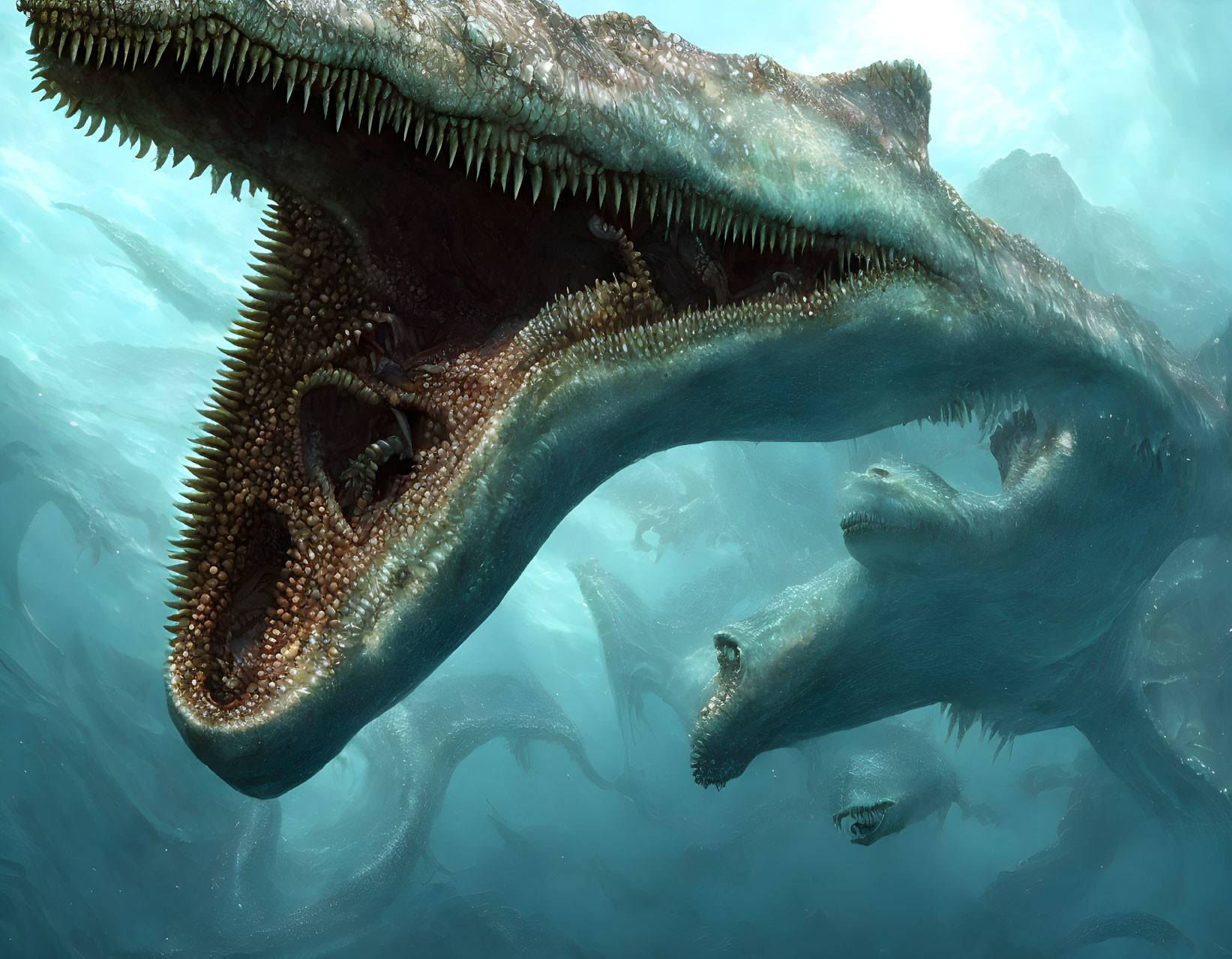 Giant underwater predator with textured skin and sharp teeth in blue ocean scene