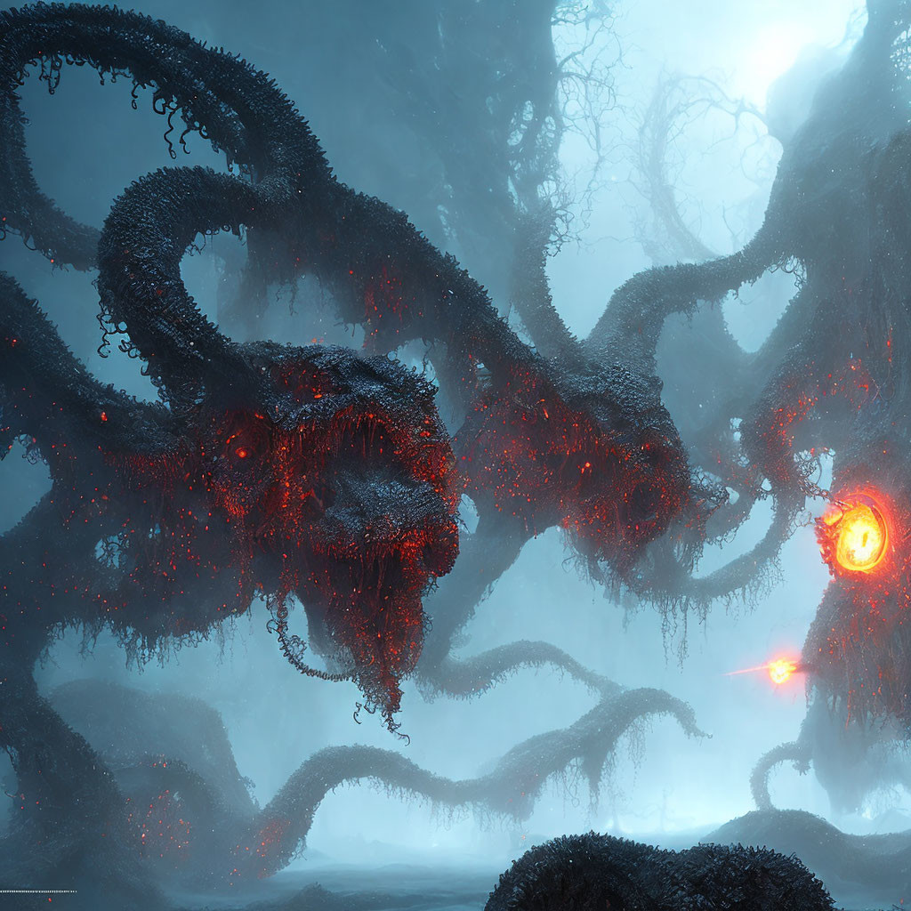 Fantastical red-eyed tentacles in misty blue forest with orbs