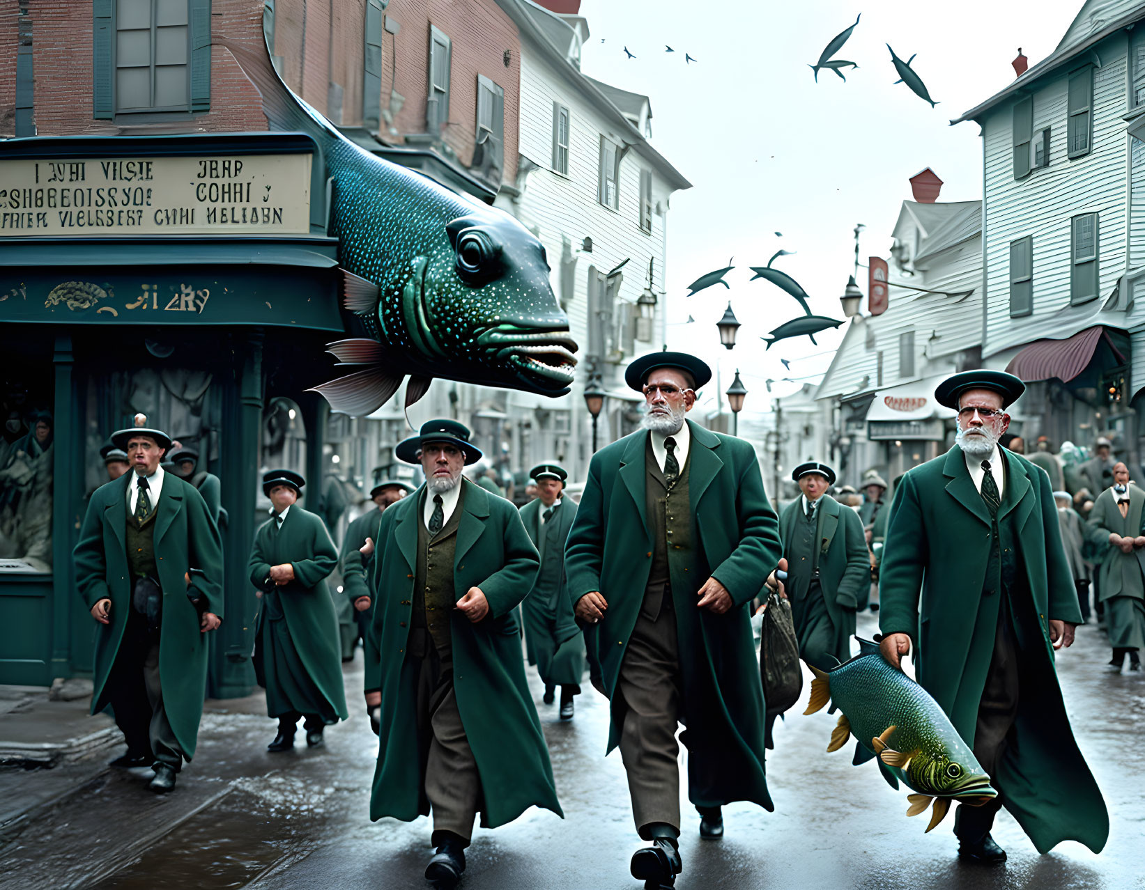Men in green coats carrying giant fish on old-fashioned street with seabirds and fish shop sign
