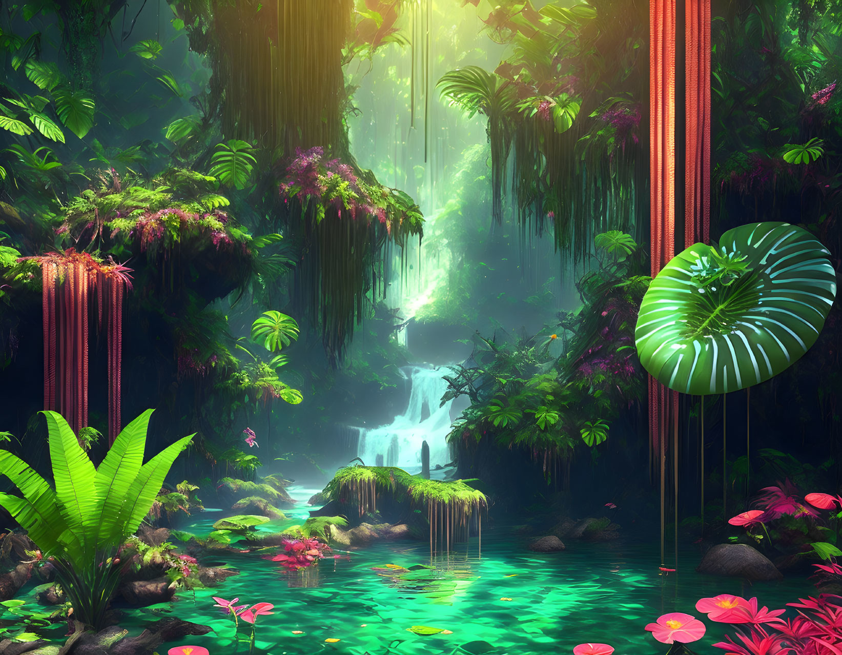 Lush otherworldly forest with waterfall and pink flowers