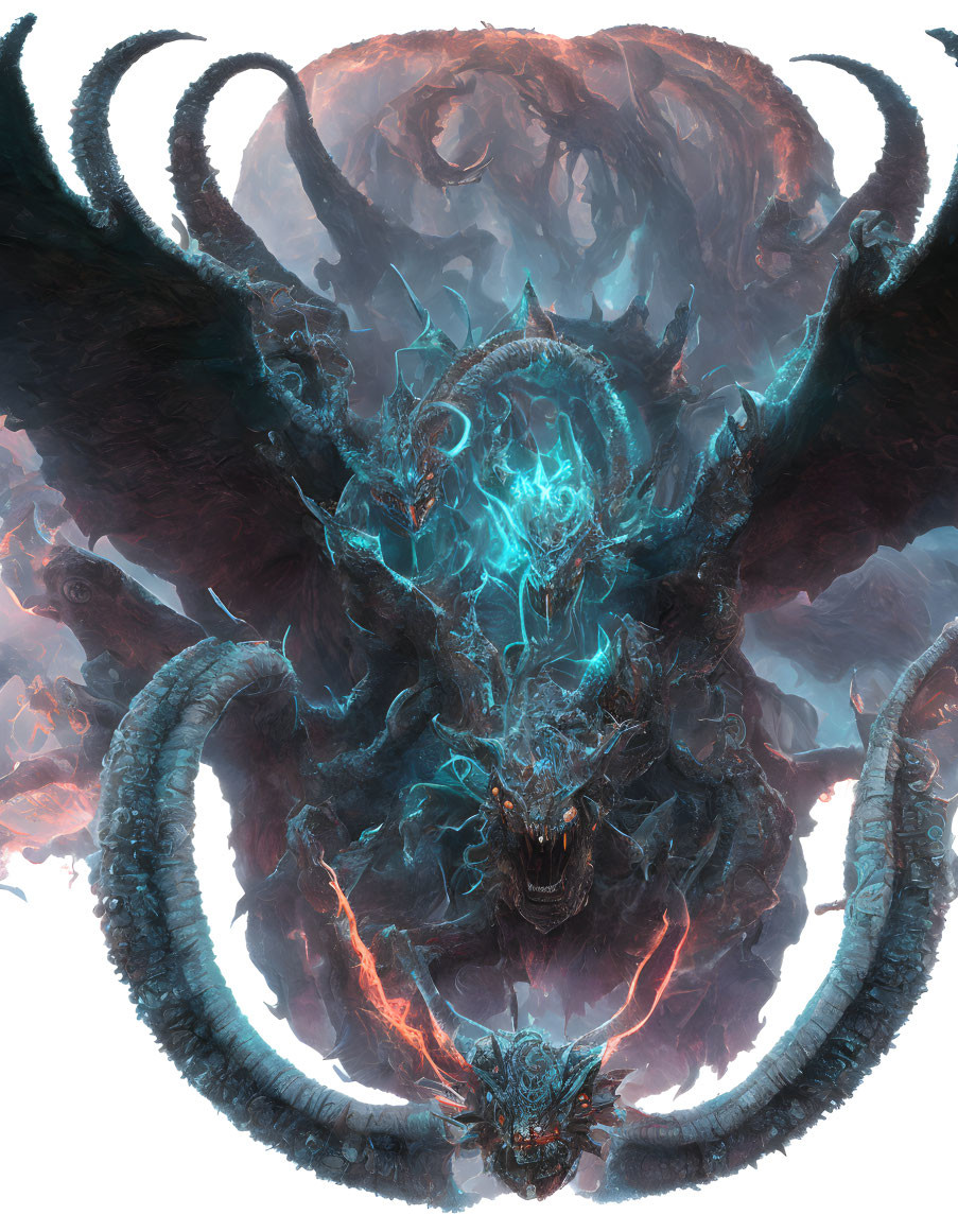 Majestic dragon with glowing blue energy and horns in ethereal backdrop