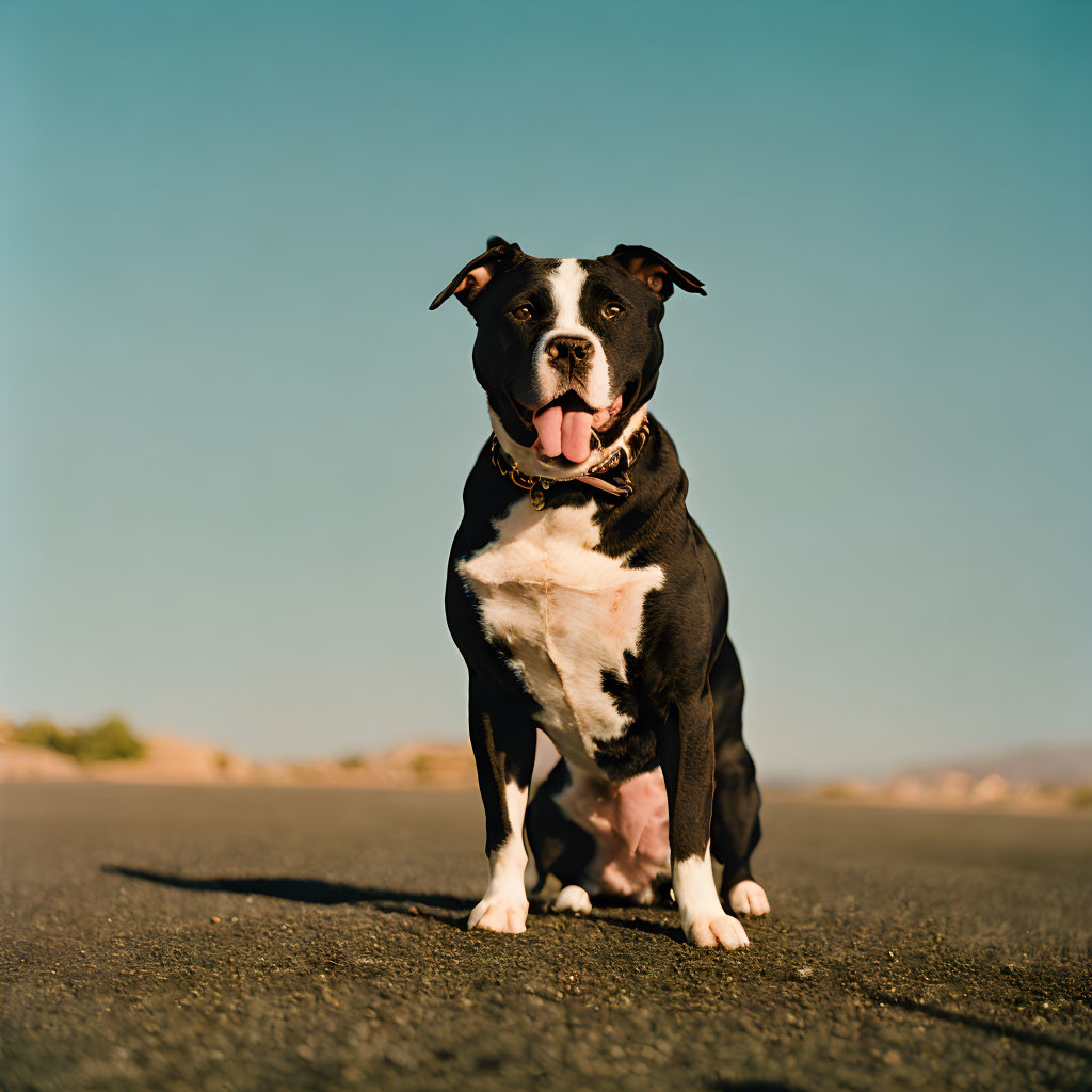 Black and white dog with collar on asphalt road under clear blue sky
