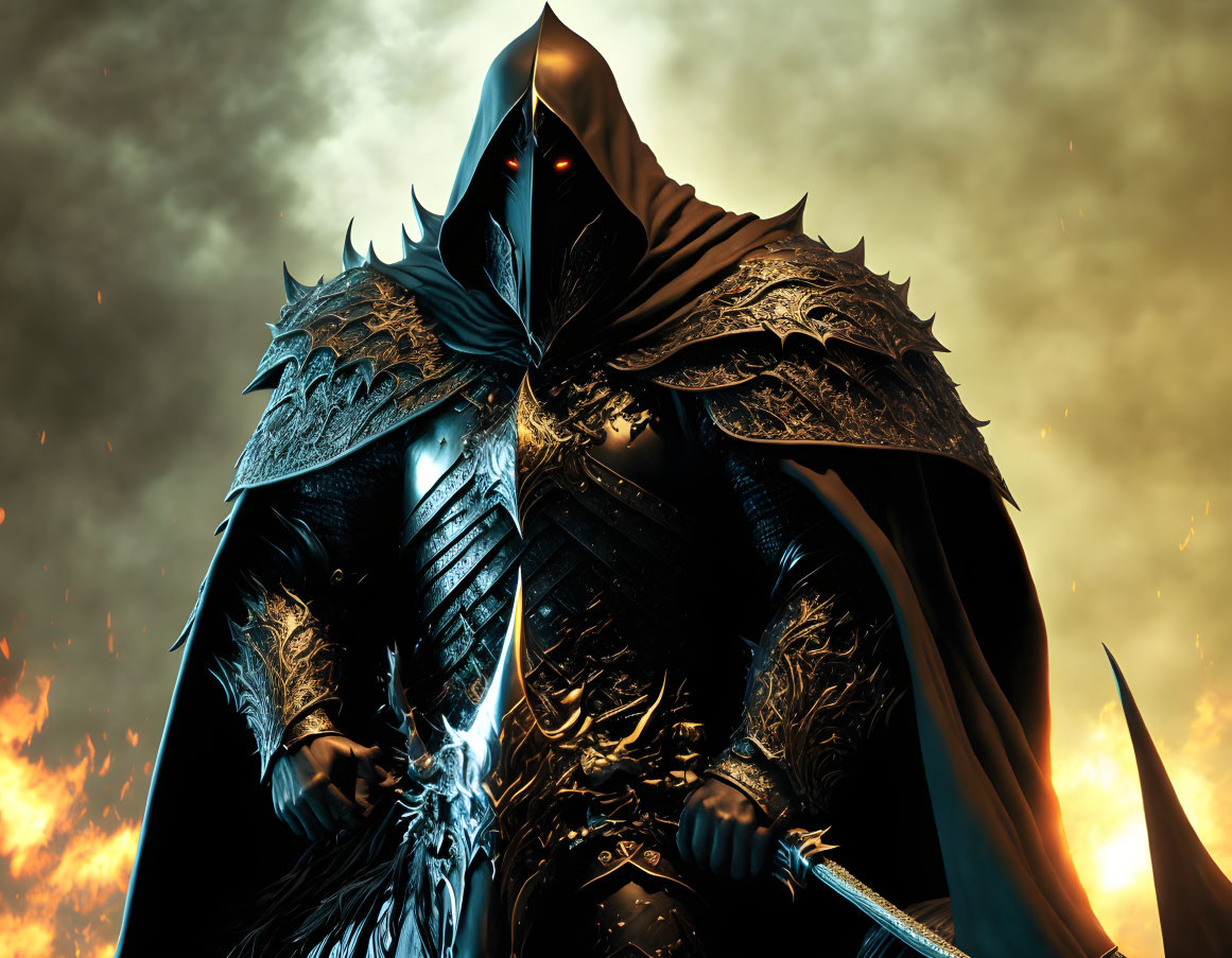 Dark figure in ornate armor wields glowing sword under brooding sky.