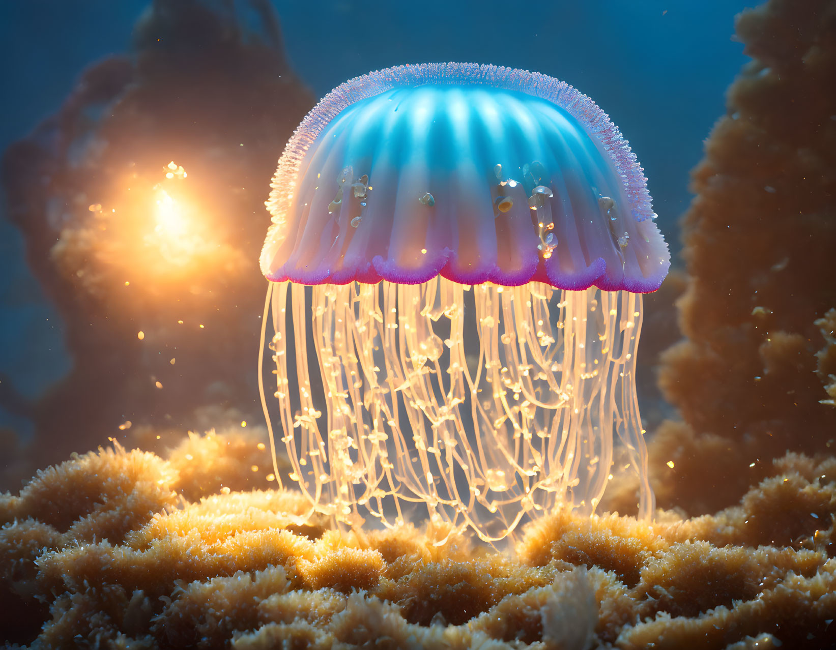 Luminous jellyfish with long tentacles above coral under sunbeam