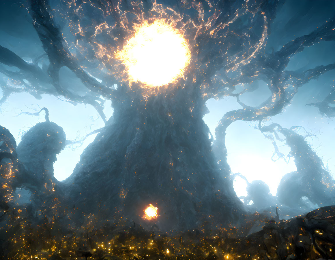 Luminescent tree with glowing branches under fiery orb in mystical atmosphere