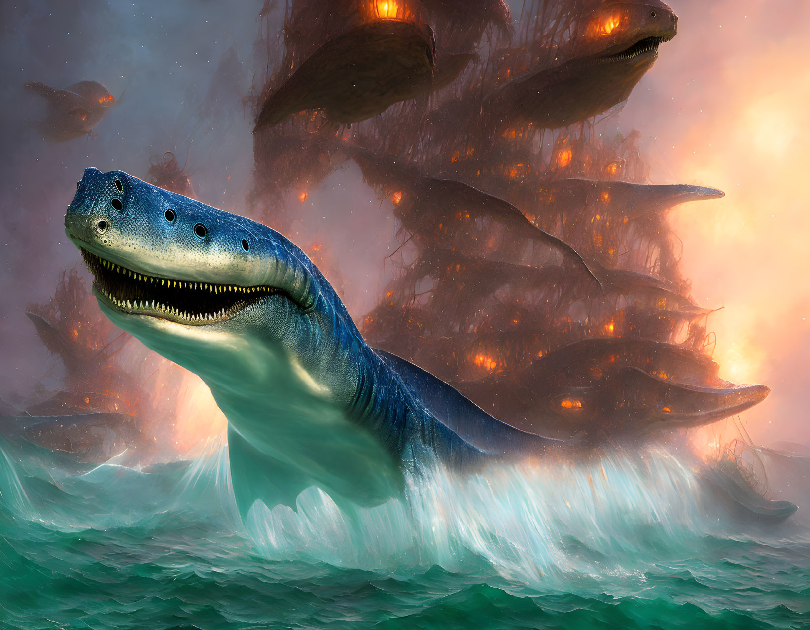 Digital artwork: Giant sea creature in ocean waves with fiery airborne islands