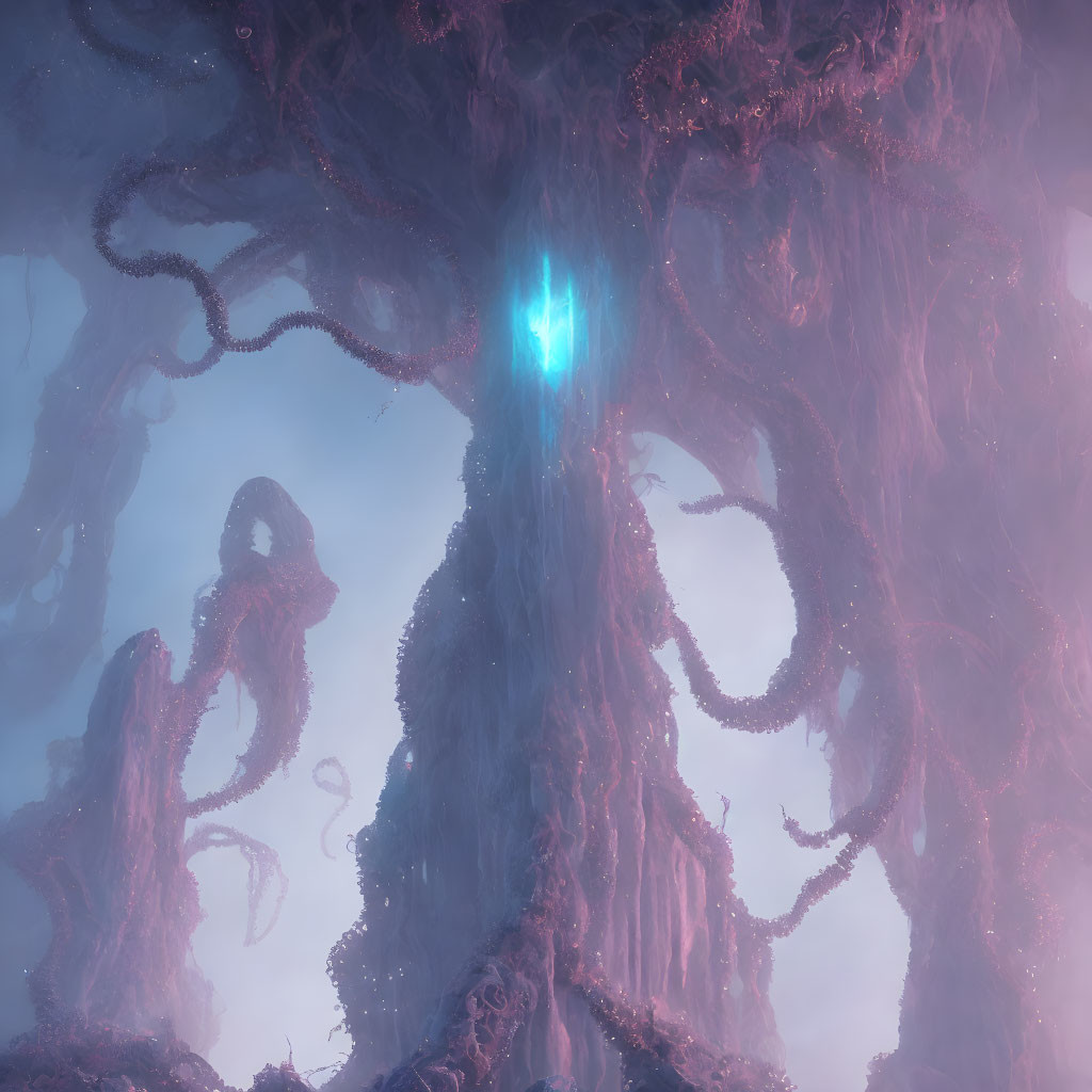 Purple forest with twisting root-like structures and glowing blue light