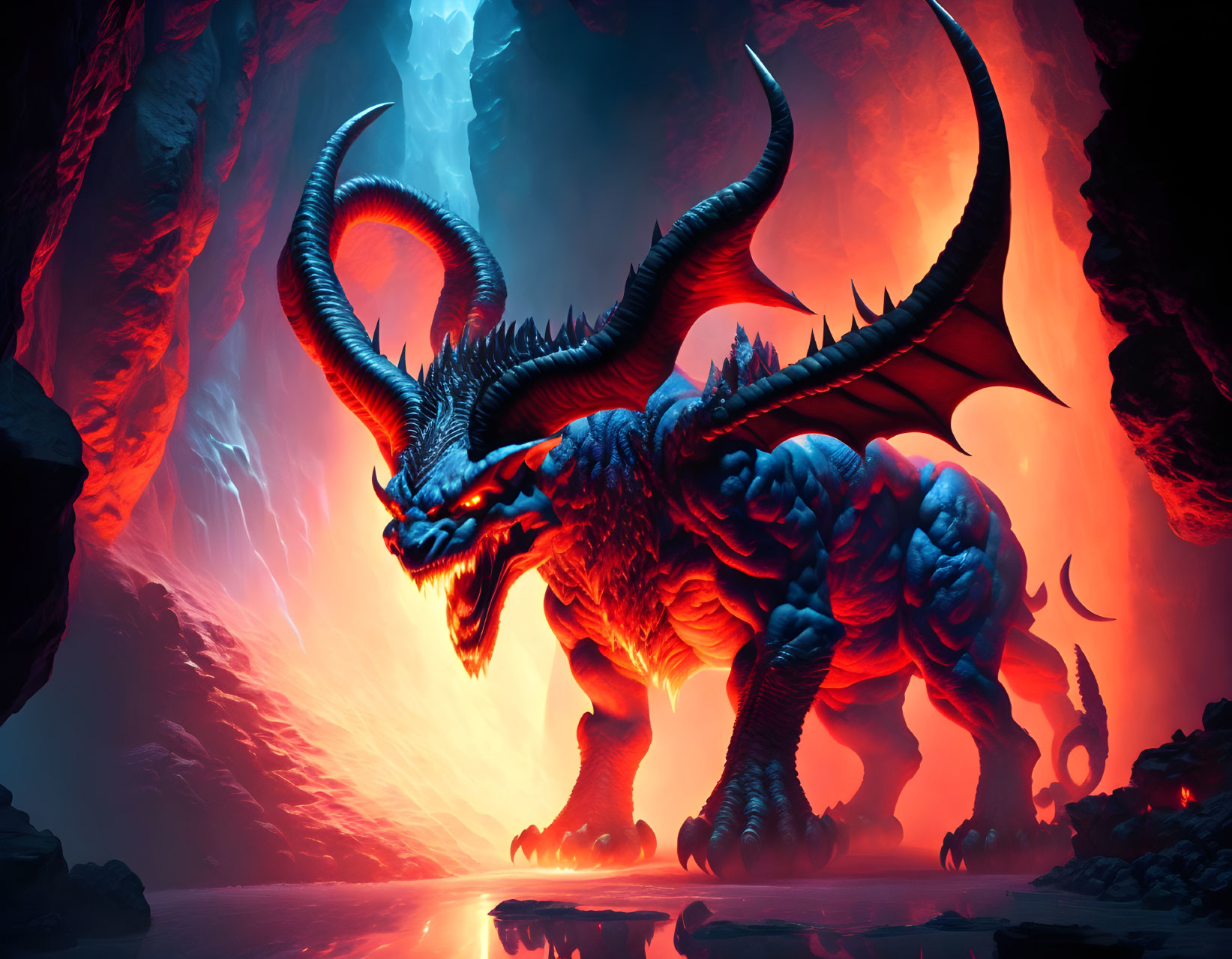 Blue dragon in fiery, lava-filled landscape under red sky