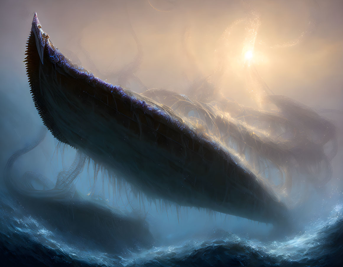 Giant sea creature with long tentacles in luminous sky