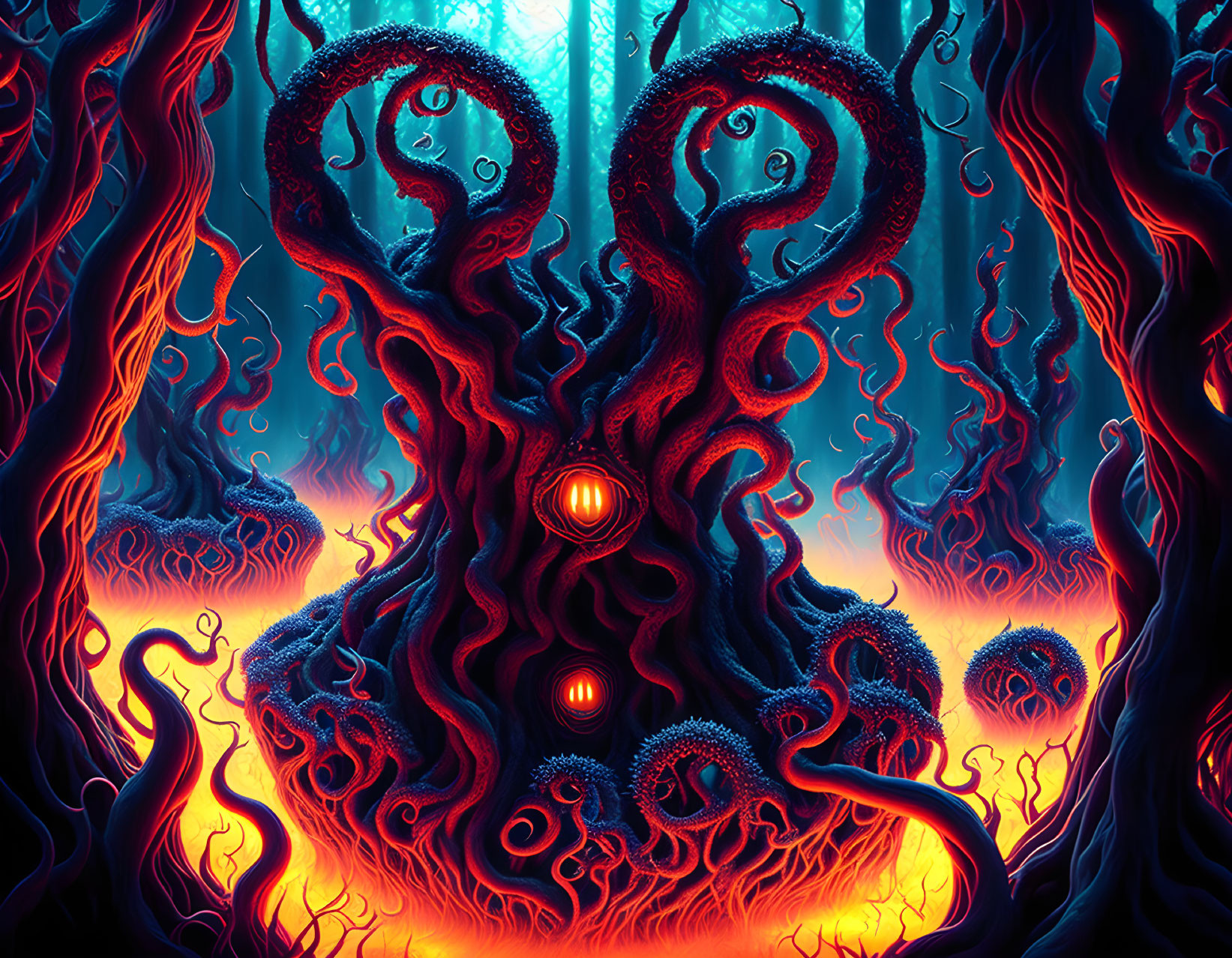 Colorful surreal illustration: Glowing-eyed octopus creature in neon-lit forest