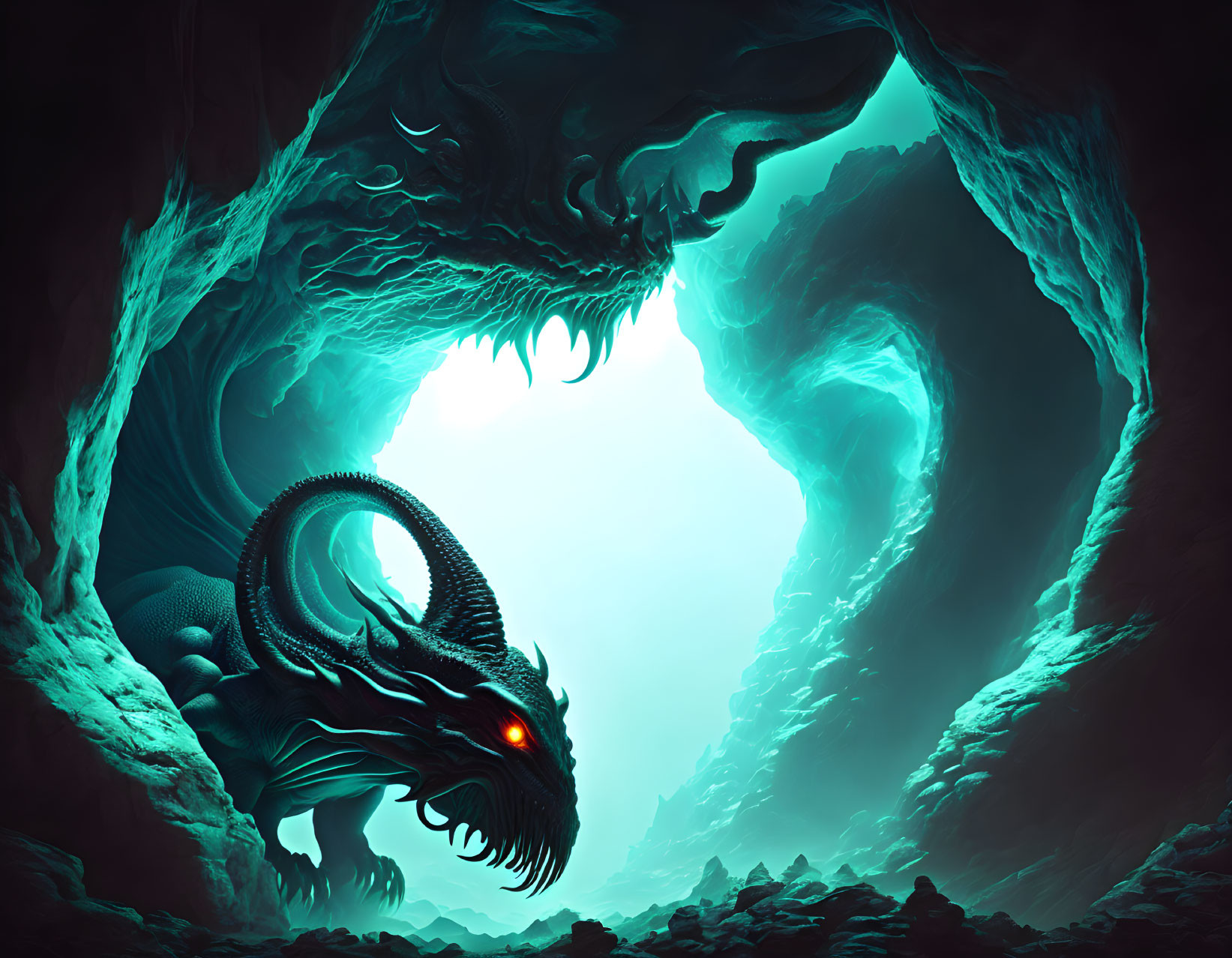 Menacing dragon in cavern with glowing eyes and mouth, eerie blue light, rocky terrain